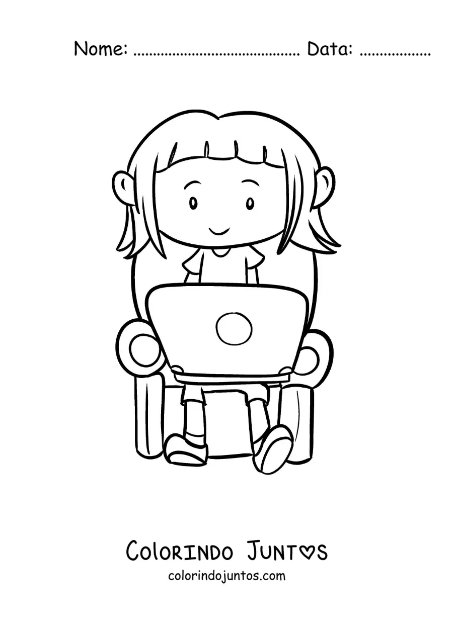 Desenho para colorir de uma menina sentada fazendo sua tarefa em um computador