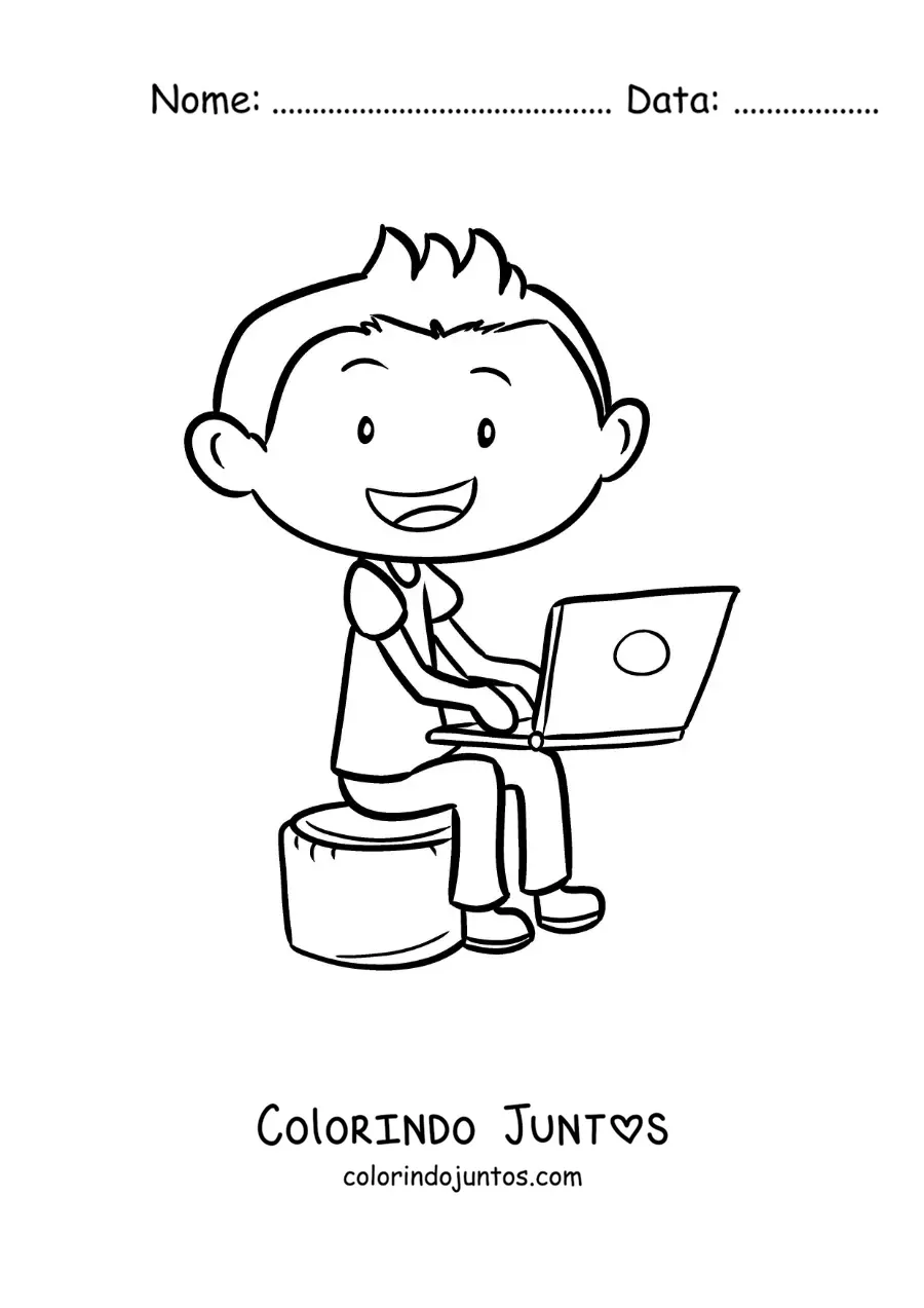 Desenho para colorir de um menino sentado fazendo seus deveres em um computador