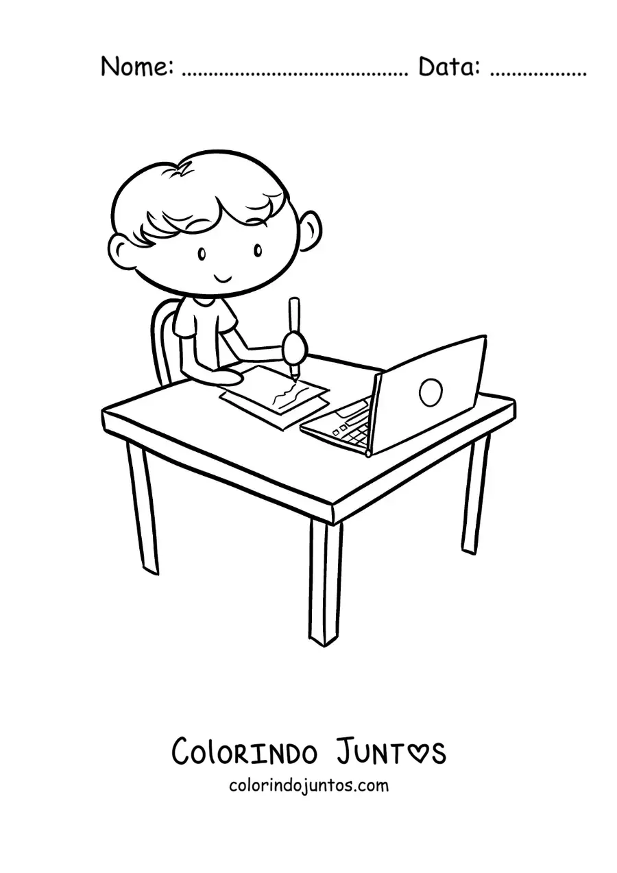 Desenho para colorir de um menino sentado escrevendo em frente a um computador