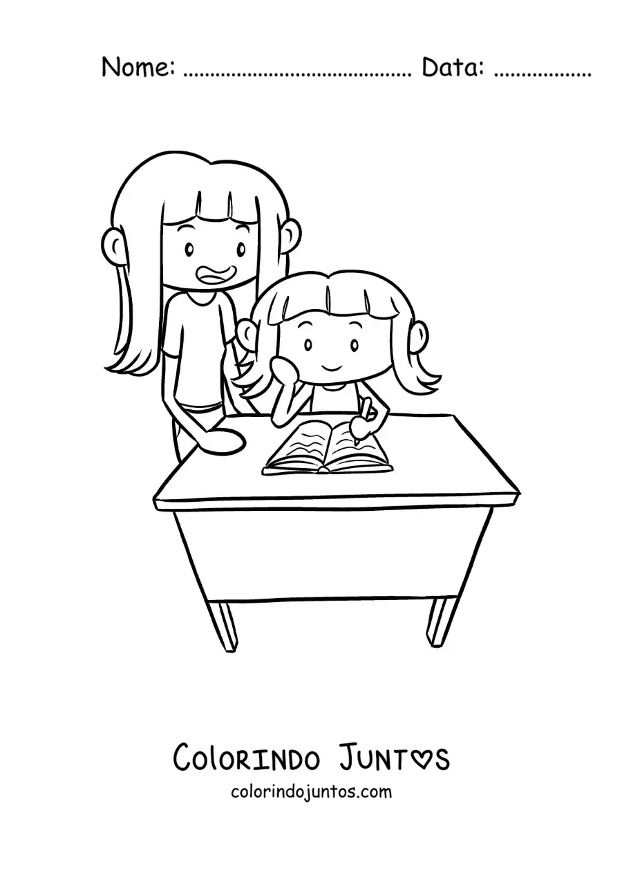 Desenho para colorir de uma menina ajudando sua irma a fazer os deveres