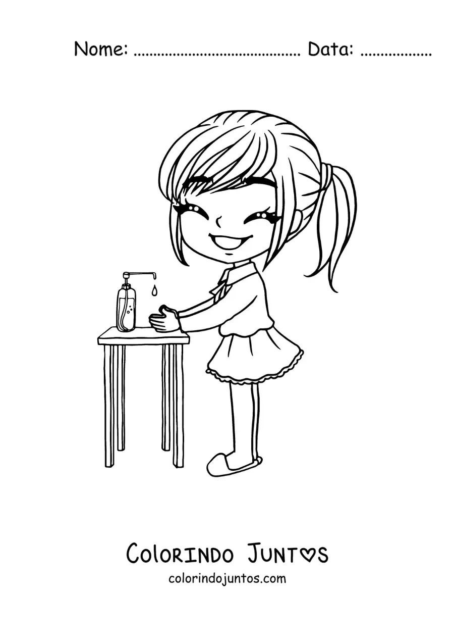 Desenho para colorir de uma menina kawaii limpando as maos com alcool em gel