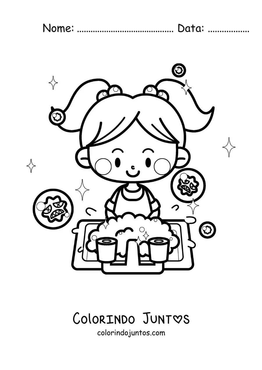 Desenho para colorir de uma menina kawaii lavando as maos para se proteger dos virus