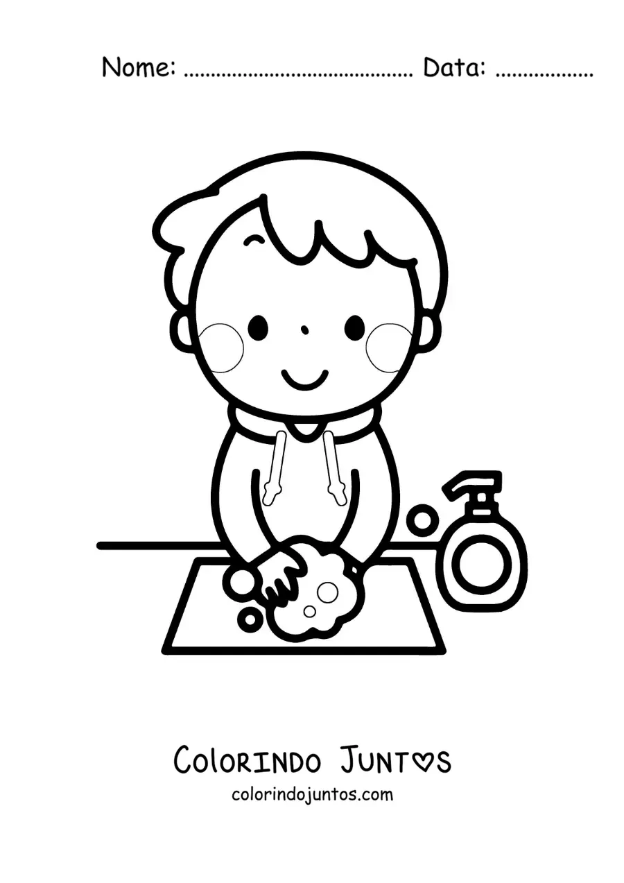 Desenho para colorir de um menino kawaii lavando as maos com agua e sabao