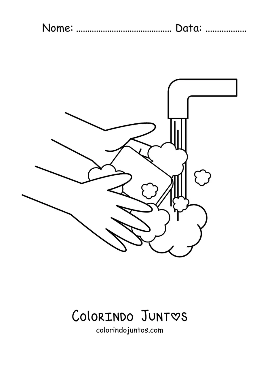 Desenho para colorir de um par de maos com sabao e espuma sob o jato de agua