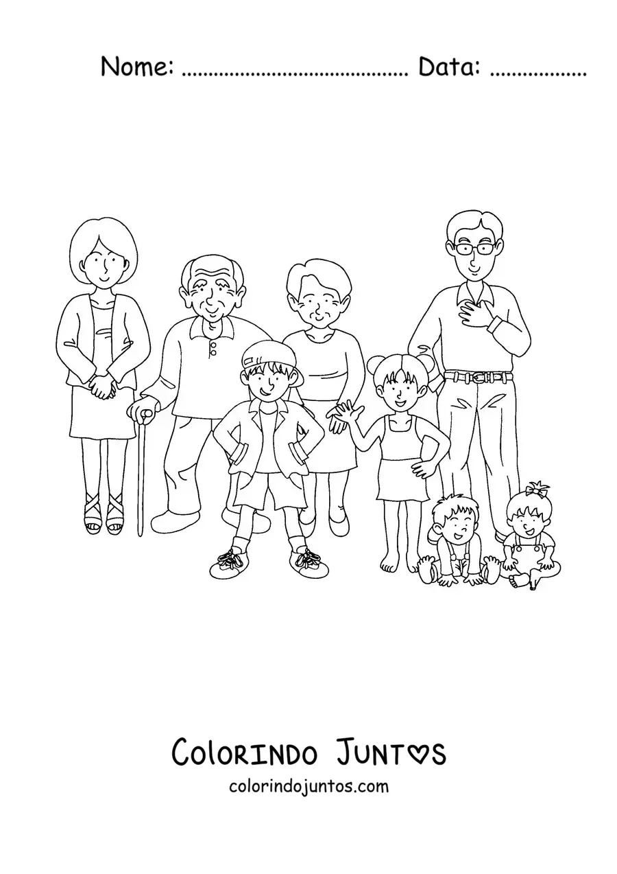 Desenho para colorir de uma família numerosa com quatro crianças e dois avós