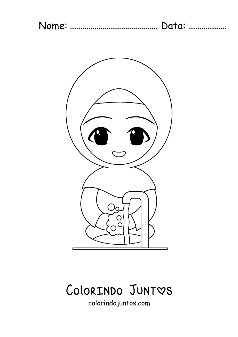 Desenho para colorir de uma menina com hijab lavando as maos