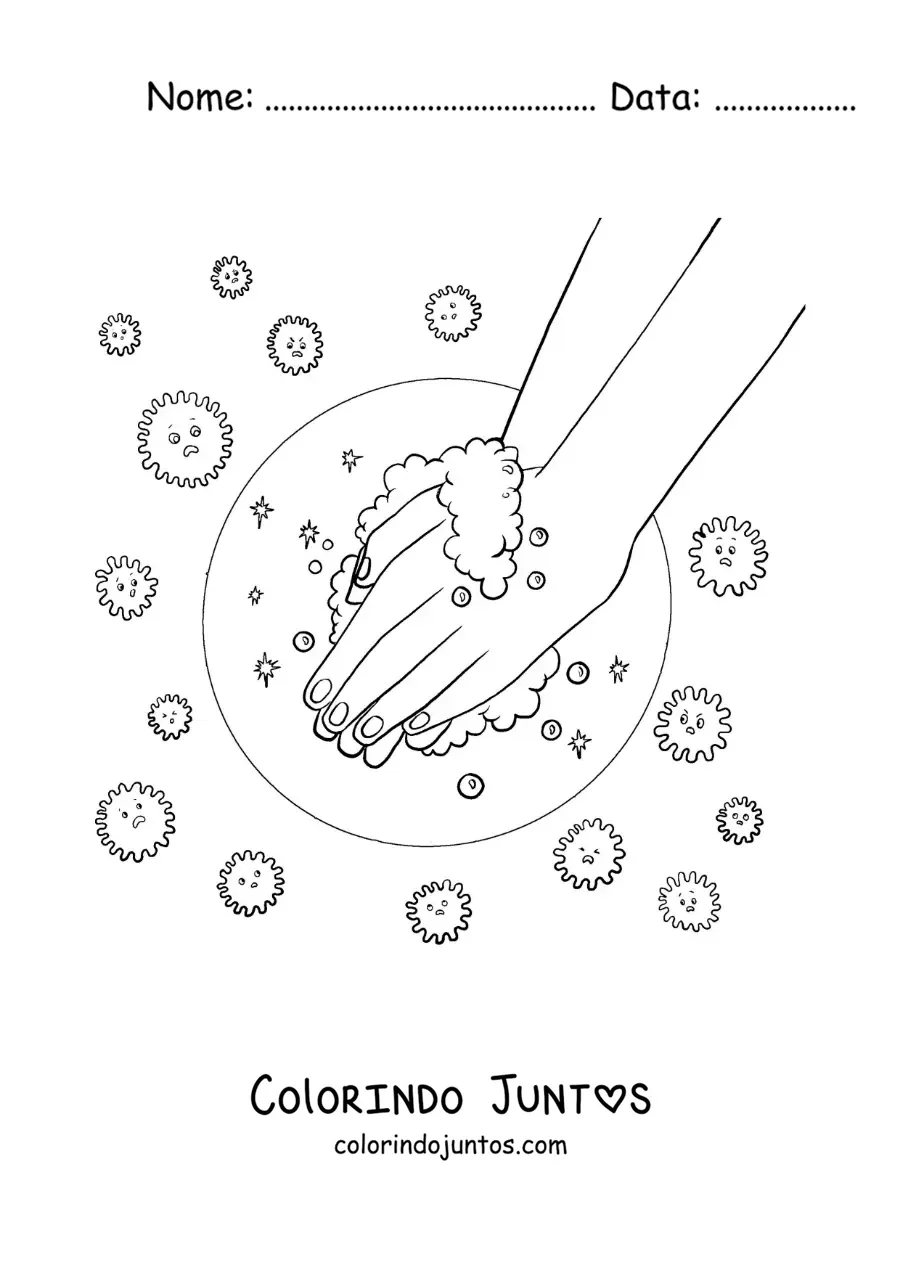 Desenho para colorir de um par de maos com espuma protegidas de um virus animado