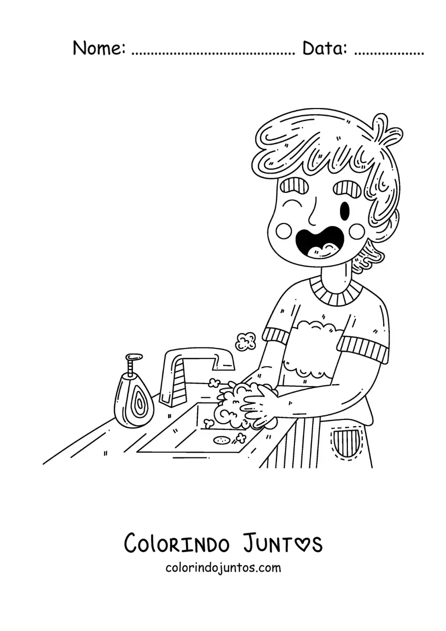 Desenho para colorir de um menino lavando as maos antes de comer
