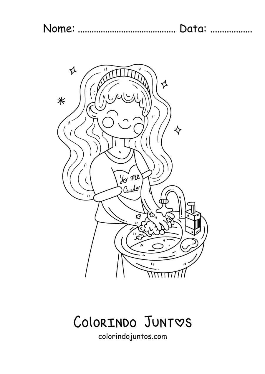 Desenho para colorir de uma menina lavando as maos antes de comer
