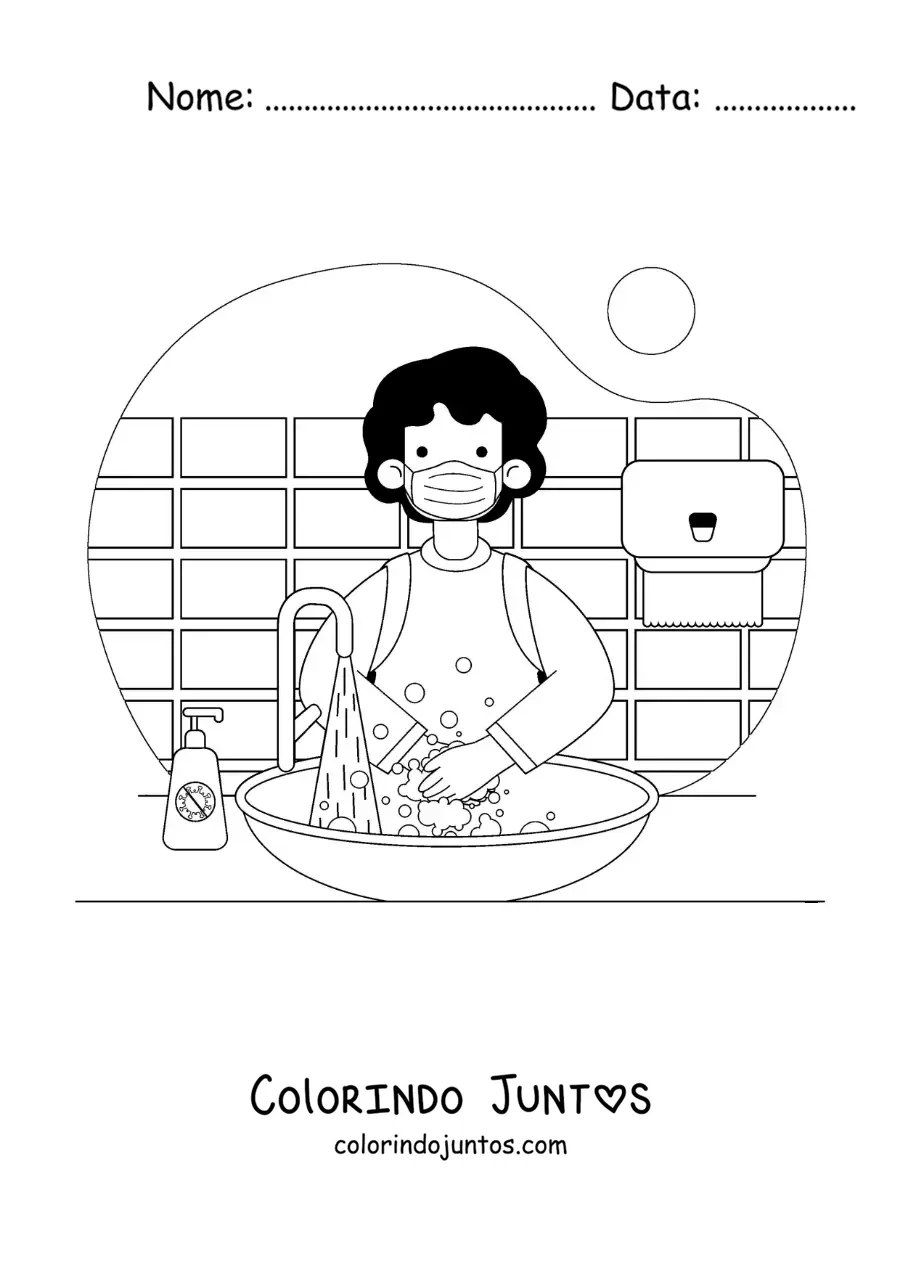 Desenho para colorir de um menino lavando as maos com agua e sabao na escola