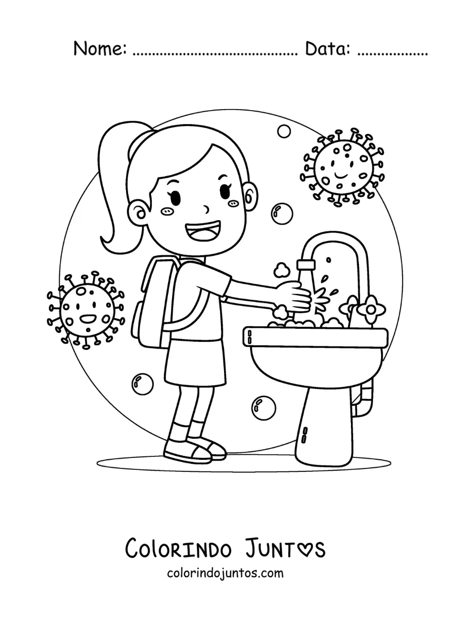 Desenho para colorir de uma menina lavando as maos na escola para prevenir doencas