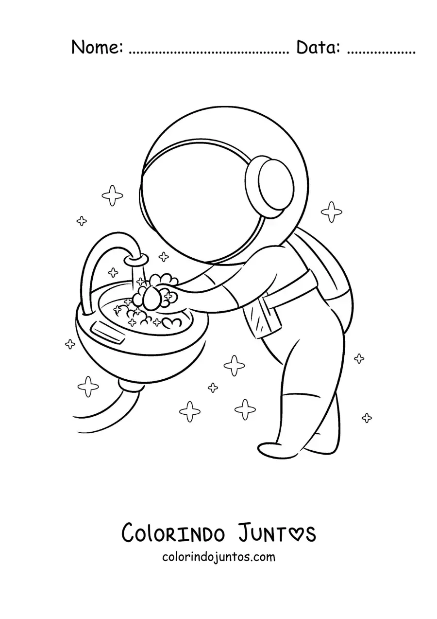 Desenho para colorir de um astronauta animado lavando as maos
