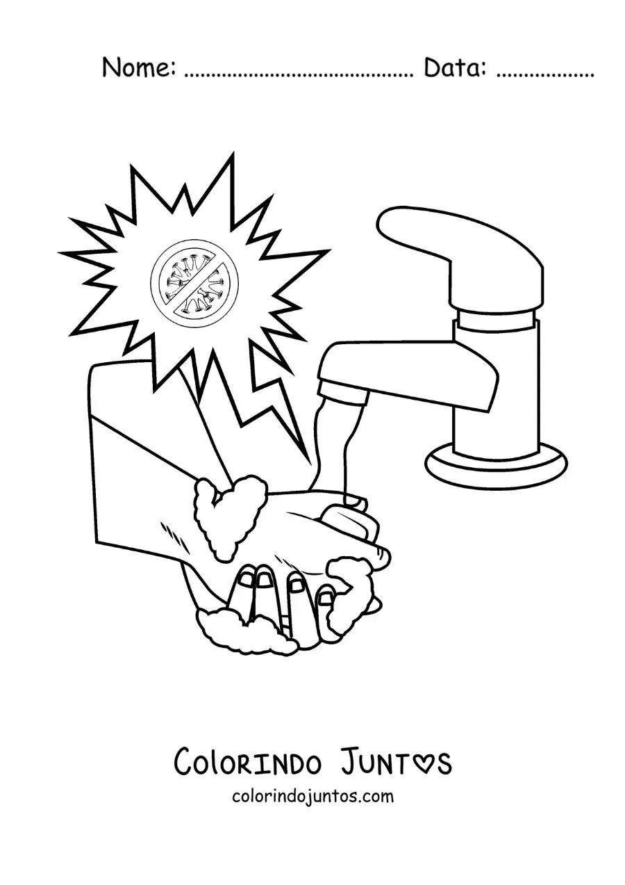 Desenho para colorir de um par de maos com espuma sob o jato de agua protegidas de um virus animado