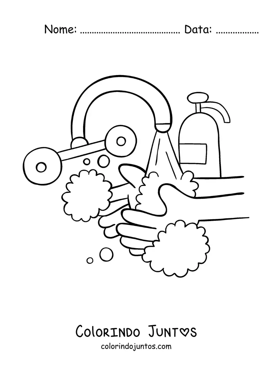 Desenho para colorir de um par de maos com sabao sob o jato de agua na pia