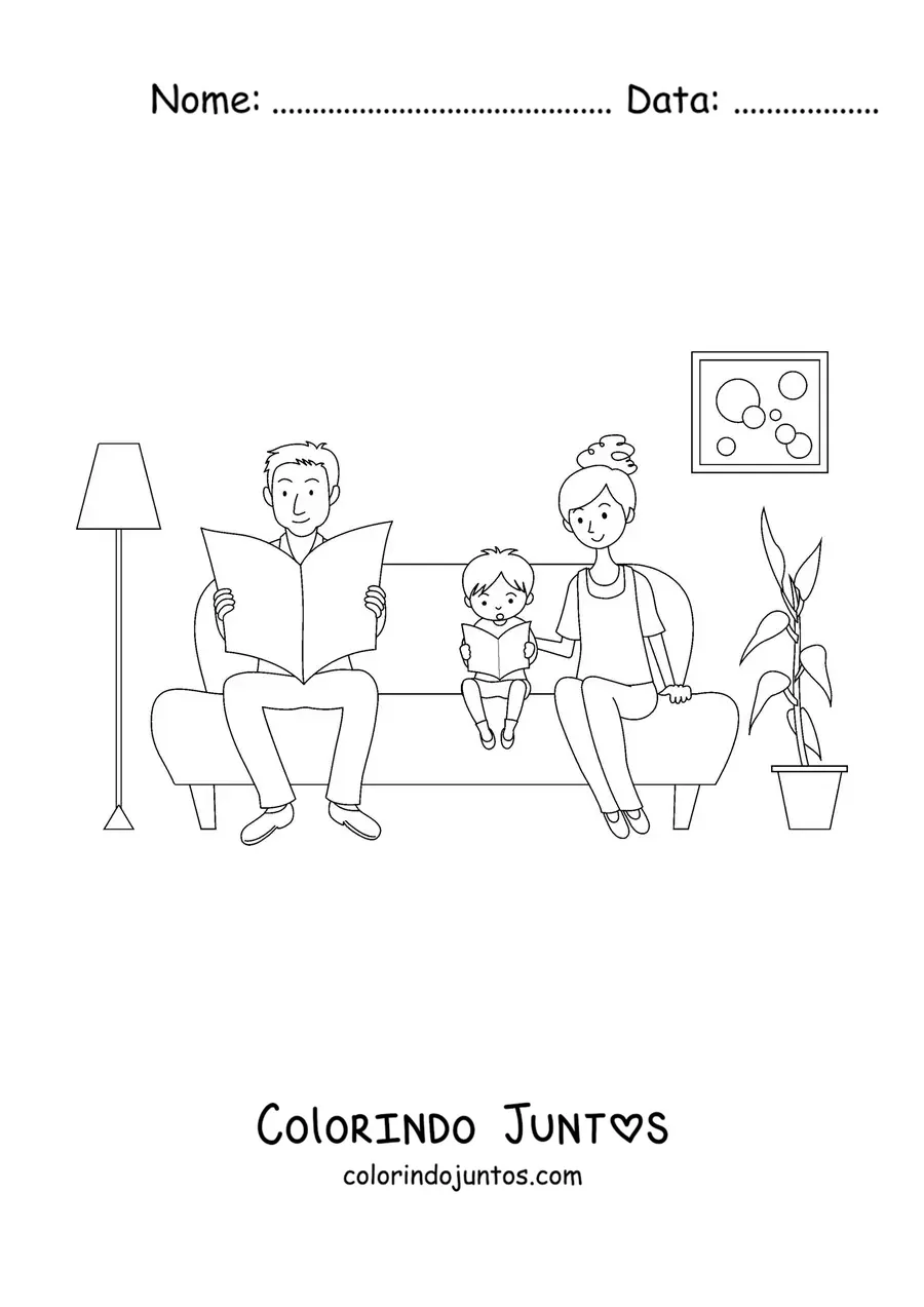Desenho para colorir de uma mãe e um pai sentados no sofá ao lado do filho pequeno