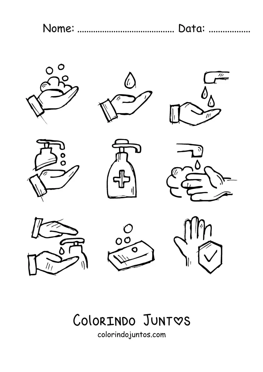 Desenho para colorir de simbolos de lavar as maos