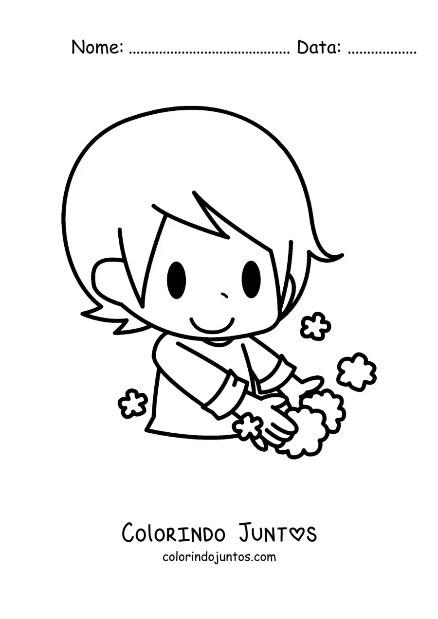 Desenho para colorir de um menino kawaii lavando as maos