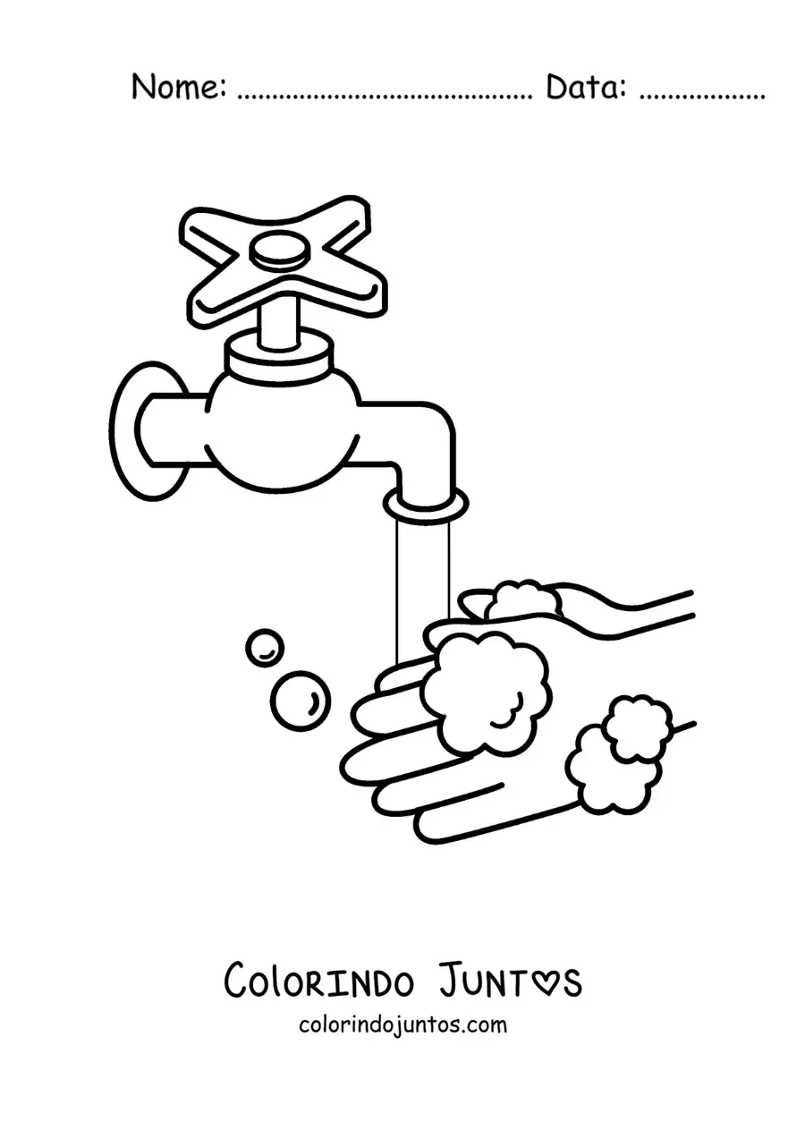 Desenho para colorir de higiene das maos com agua e sabao