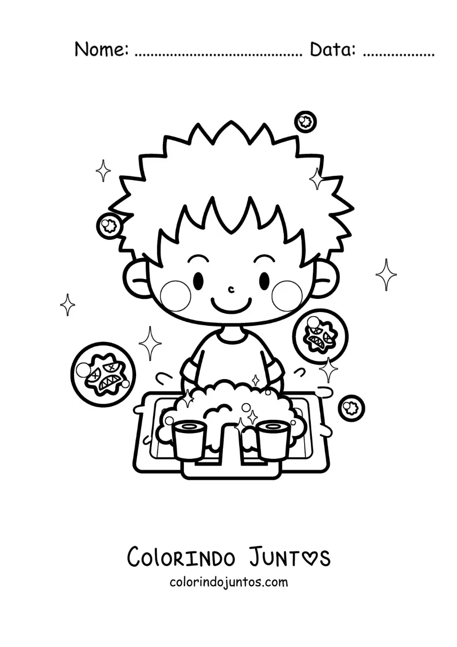 Desenho para colorir de um menino kawaii lavando as maos para prevenir os virus