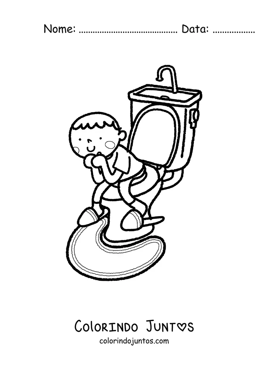 Desenho para colorir de um menino no vaso sanitario aprendendo a ir ao banheiro