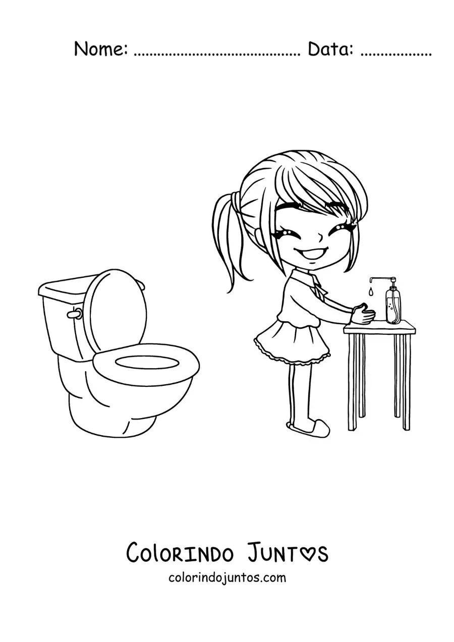 Desenho para colorir de uma menina lavando as maos depois de ir ao banheiro
