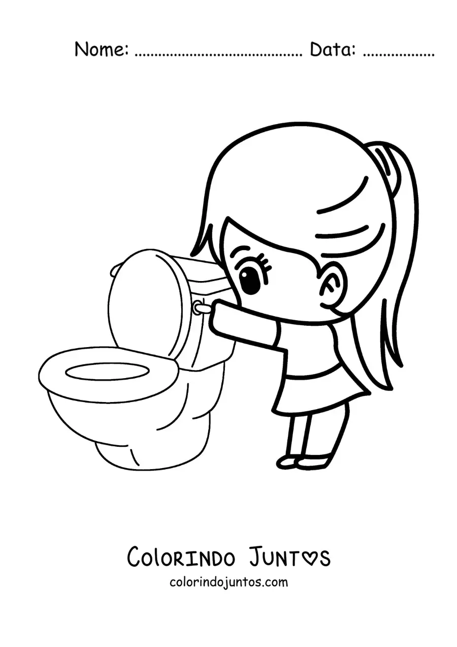 Desenho para colorir de uma menina dando descarga no vaso sanitario do banheiro