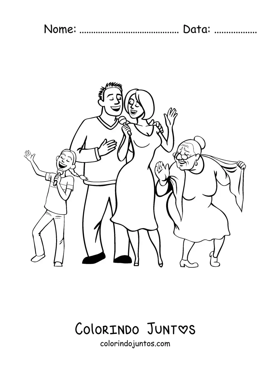 Desenho para colorir de uma família se divertindo com a vovó dançando ao lado