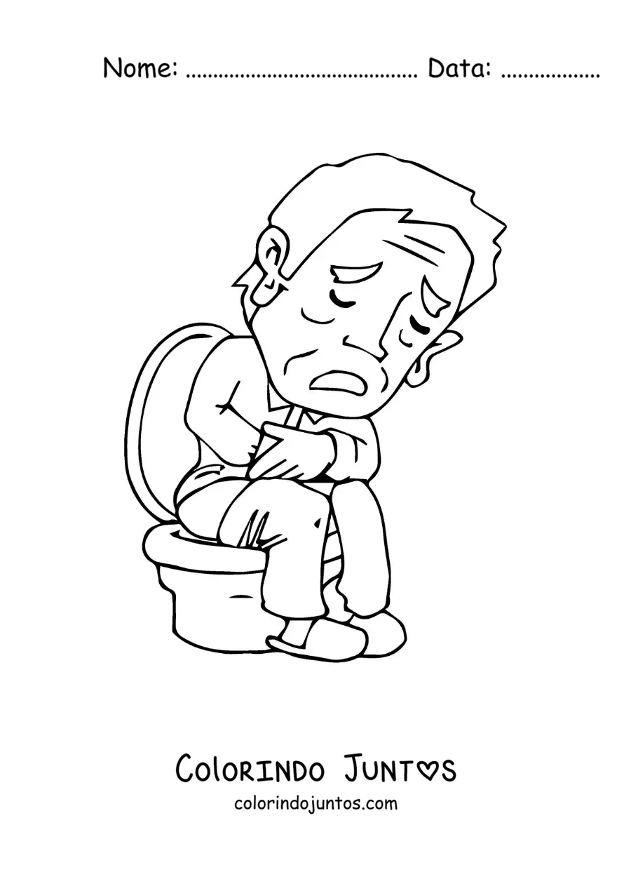 Desenho para colorir de um homem com dor de barriga no vaso sanitario