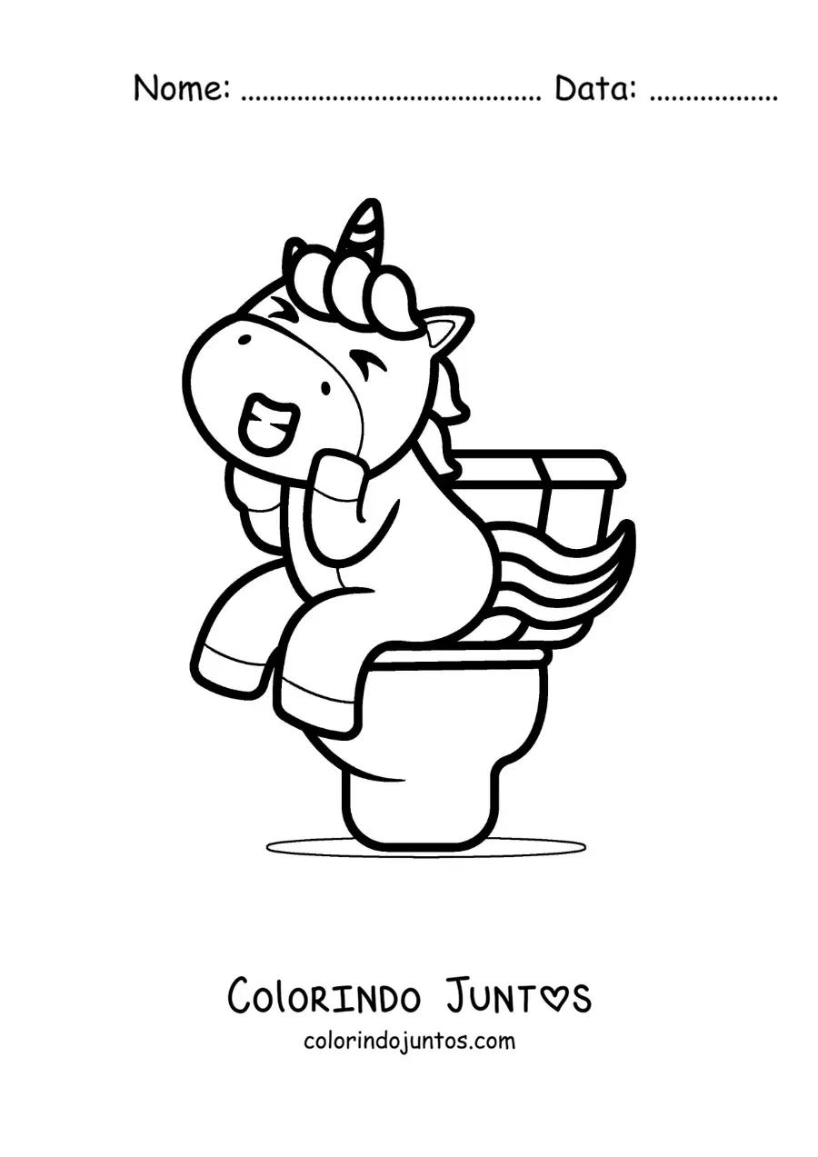 Desenho para colorir de um unicornio animado sentado no vaso sanitario