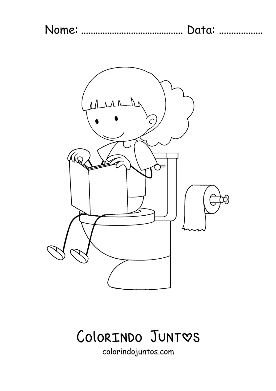 Desenho para colorir de uma menina sentada no vaso sanitario lendo um livro