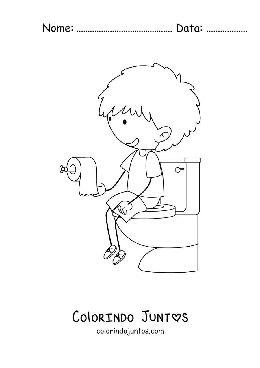 Desenho para colorir de um menino sentado no vaso sanitario com papel higienico