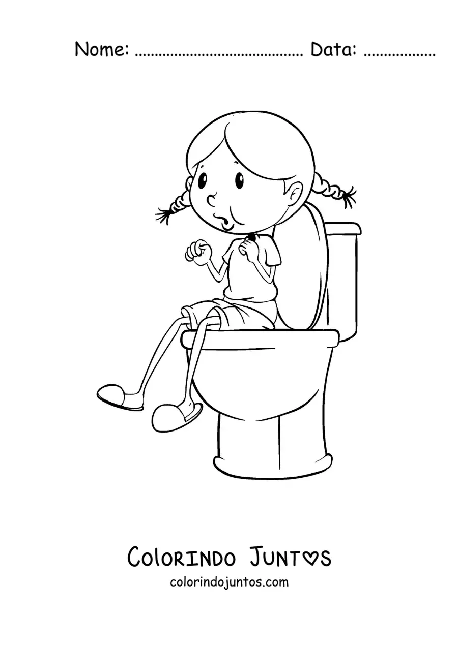 Desenho para colorir de uma menina sentada no vaso sanitario