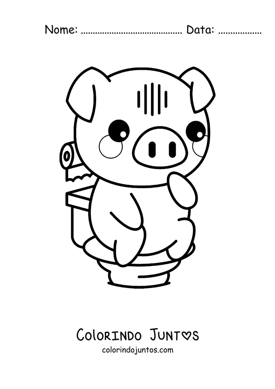 Desenho para colorir de um fofo porquinho animado aprendendo a usar o vaso sanitario