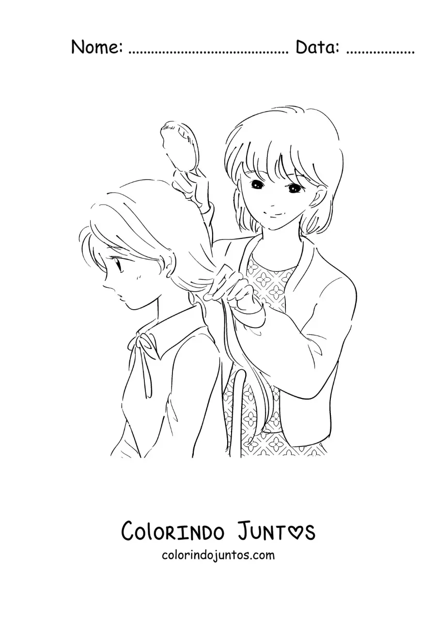 Desenho para colorir de uma mae penteando o cabelo da filha para ir a escola