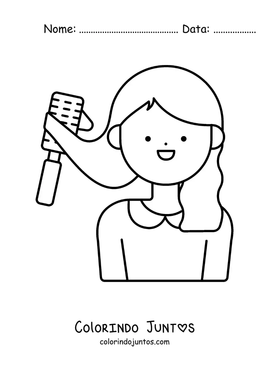 Desenho para colorir de uma menina penteando o cabelo com uma escova