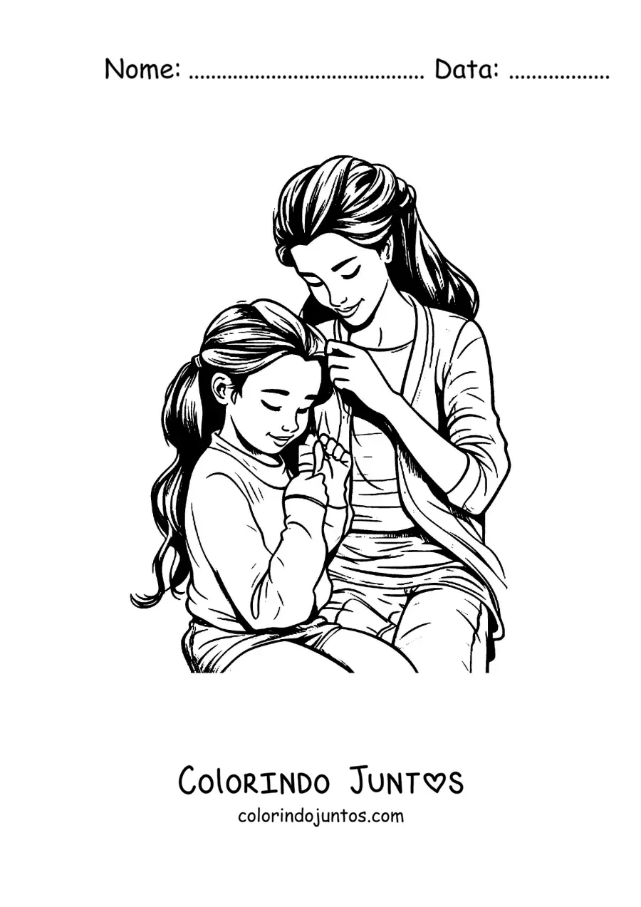 Desenho para colorir de uma mae penteando o cabelo da filha