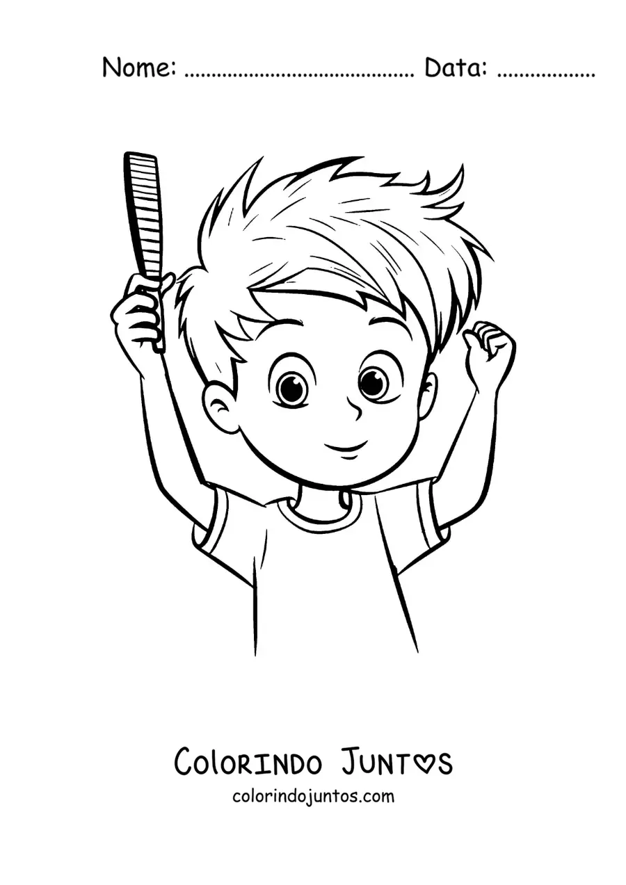 Desenho para colorir de um menino se penteando com um pente
