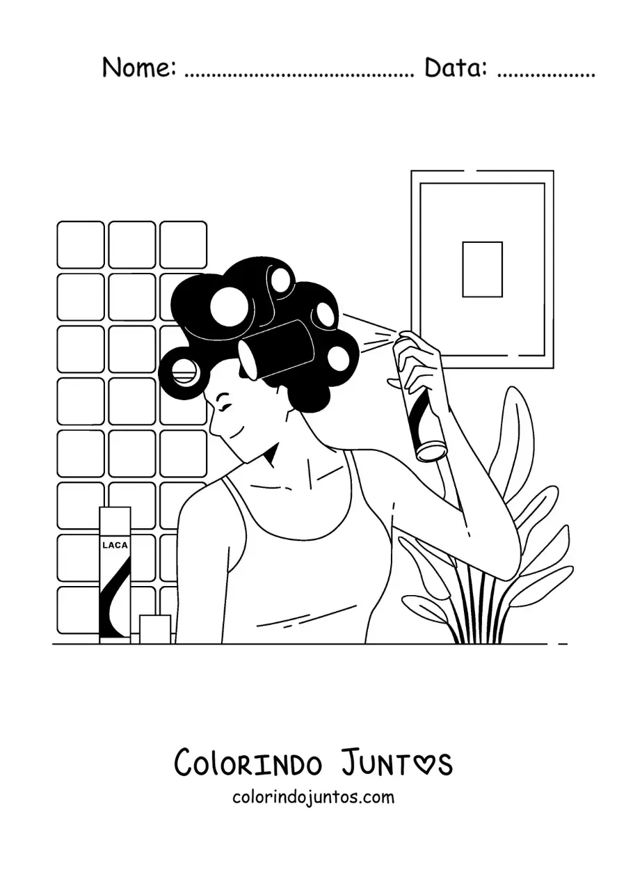 Desenho para colorir de uma mulher penteando o cabelo com laque