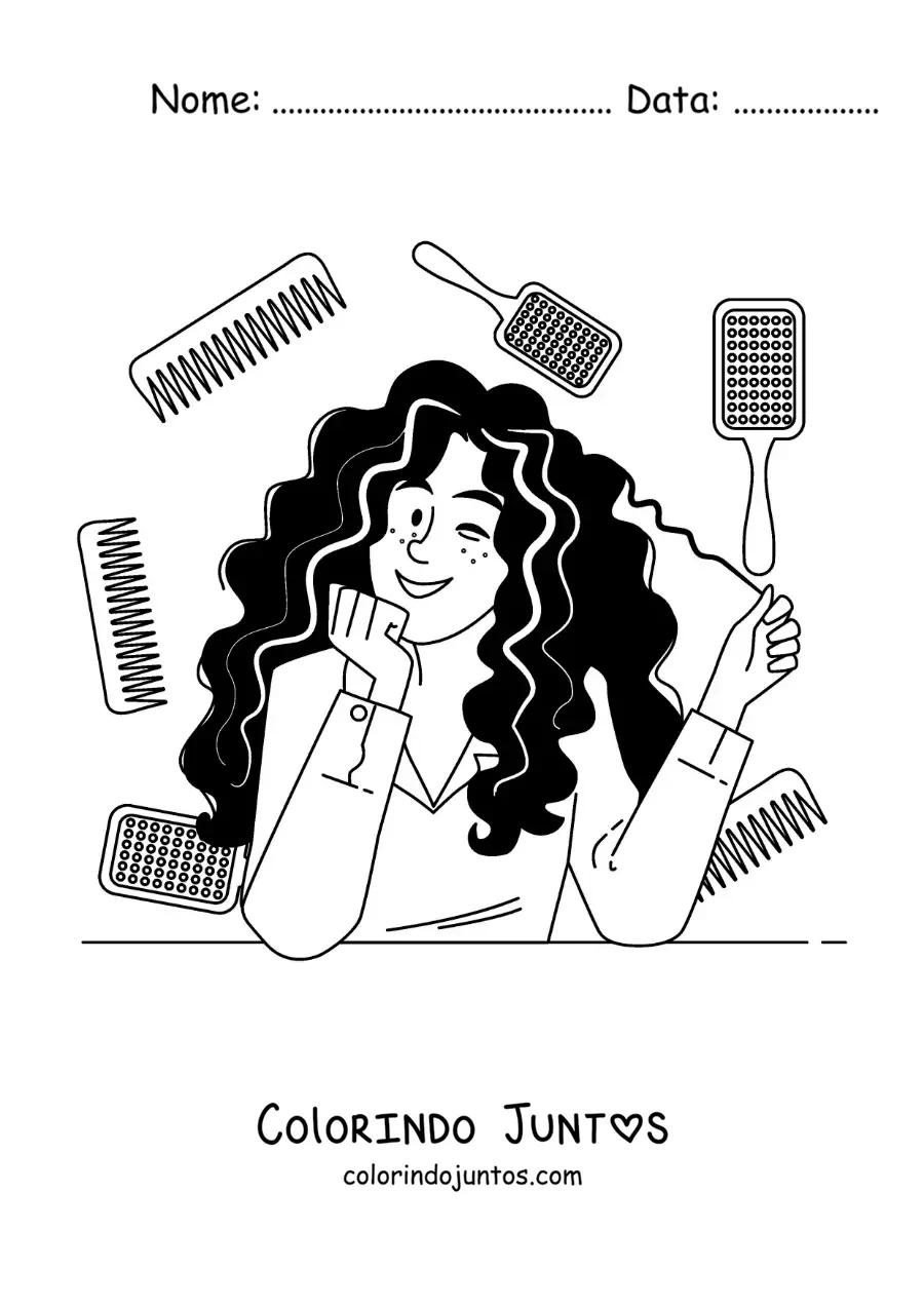 Desenho para colorir de uma mulher de cabelo cacheado se penteando