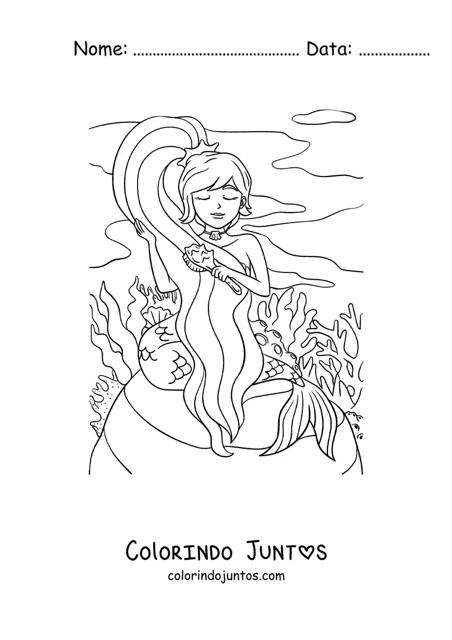 Desenho para colorir de uma sereia animada penteando o cabelo