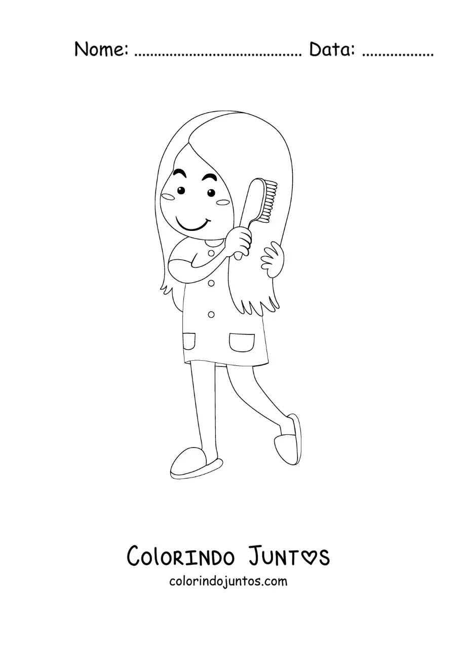 Desenho para colorir de uma menina se penteando antes de dormir