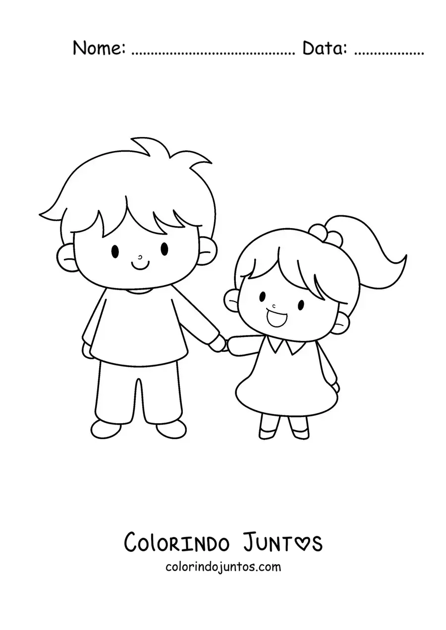 Desenho para colorir de um menino segurando sua irmã mais nova