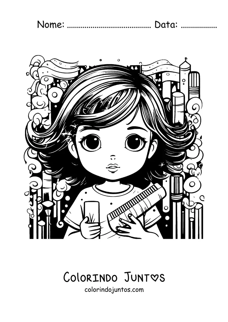 Desenho para colorir de uma menina despenteada com uma escova e um pente