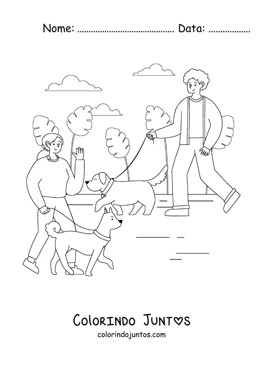 Desenho para colorir de pessoas passeando com seus cachorros no parque