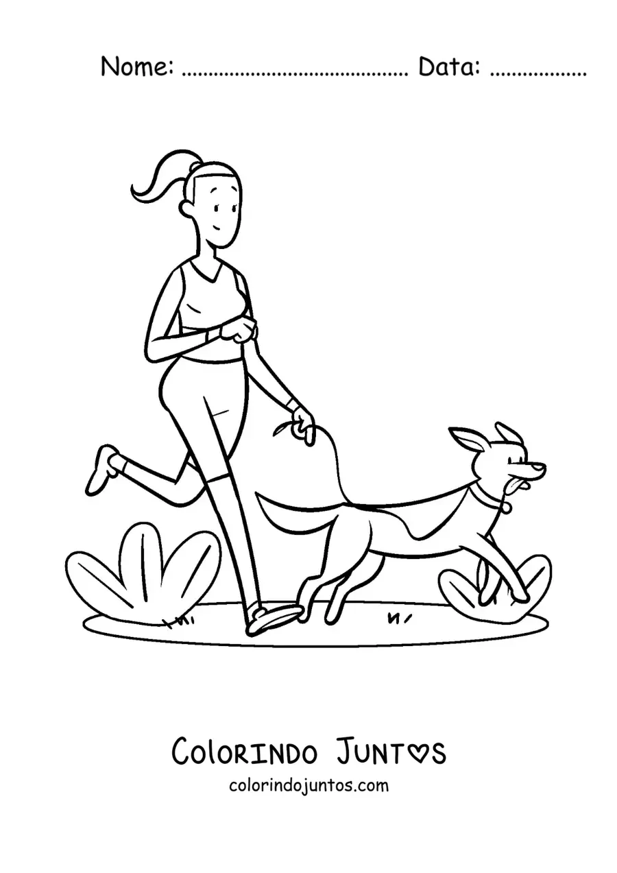Desenho para colorir de uma garota correndo com seu cachorro no parque