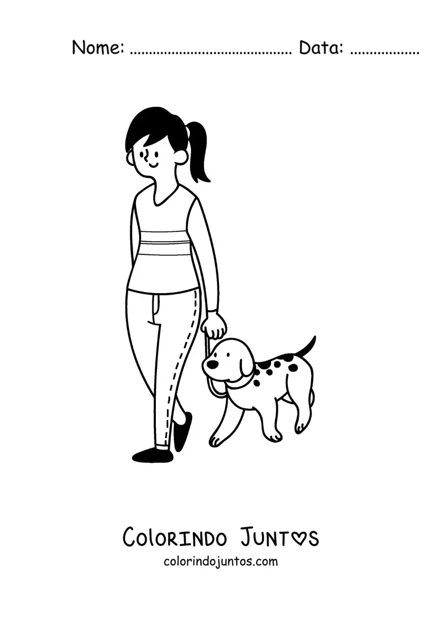 Desenho para colorir de uma garota passeando com seu cachorro