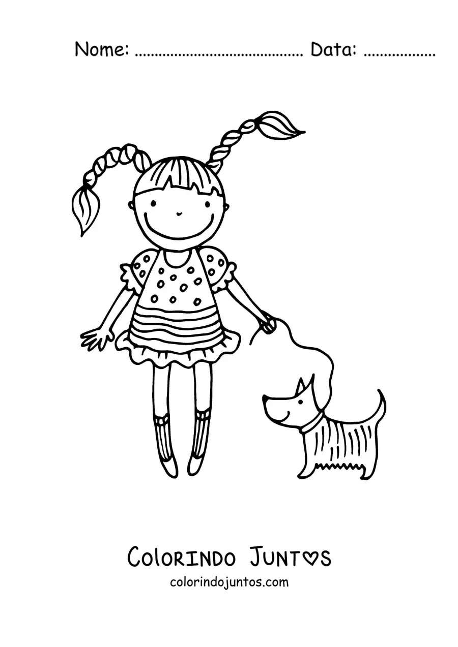 Desenho para colorir de uma caricatura de uma menina passeando com seu cachorro