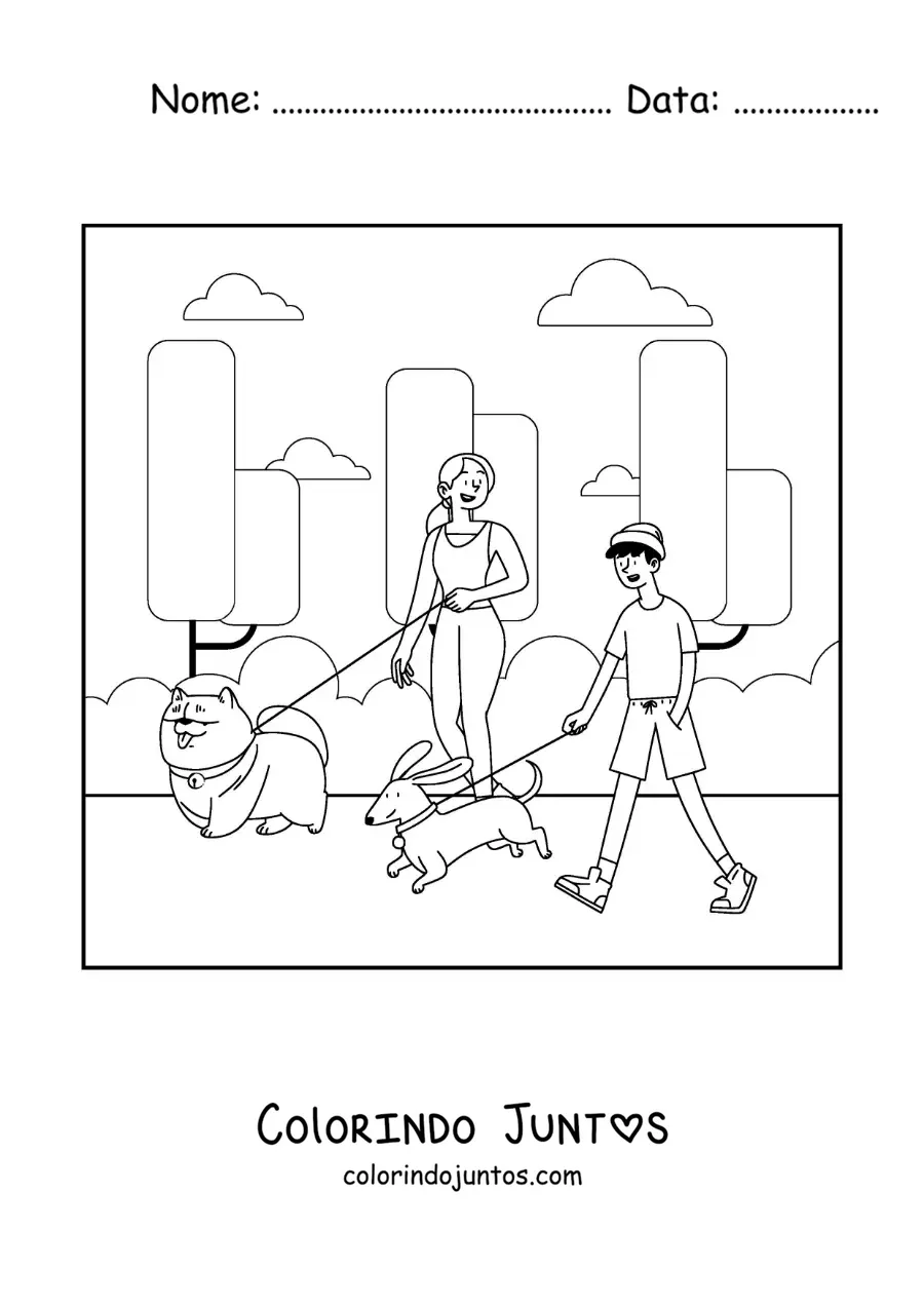 Desenho para colorir de uma garota e um garoto passeando com seus cachorros no parque