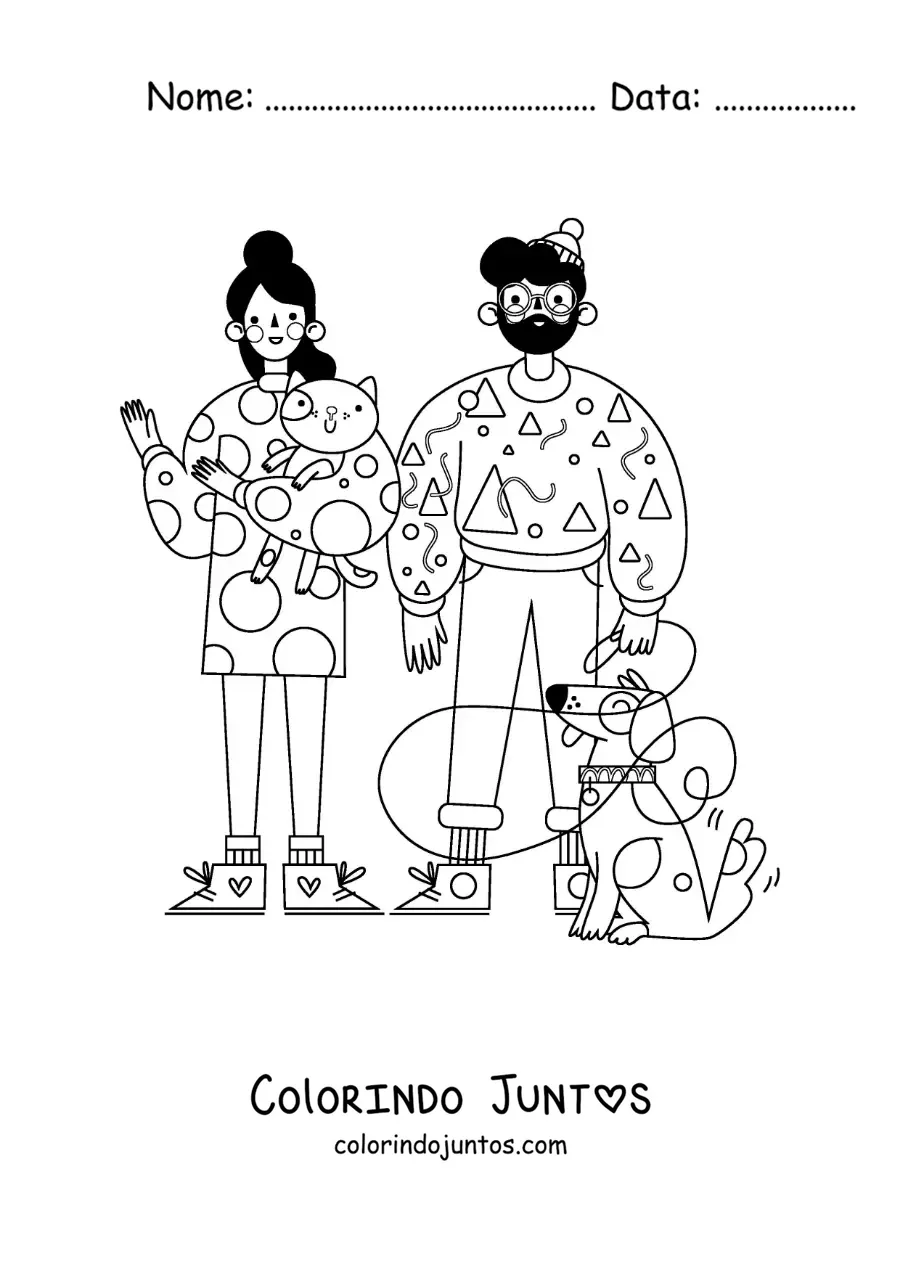 Desenho para colorir de um casal com seu gato e seu cachorro na coleira