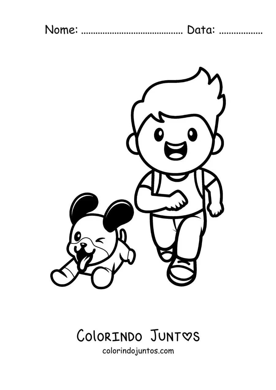 Desenho para colorir de um menino correndo com seu cachorro kawaii